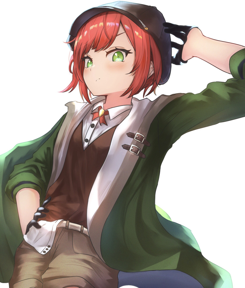 aogiri_koukou black_gloves blush female gloves green_eyes green_jacket highres ishikari_akari jacket looking_at_viewer red_hair sheiou virtual_youtuber