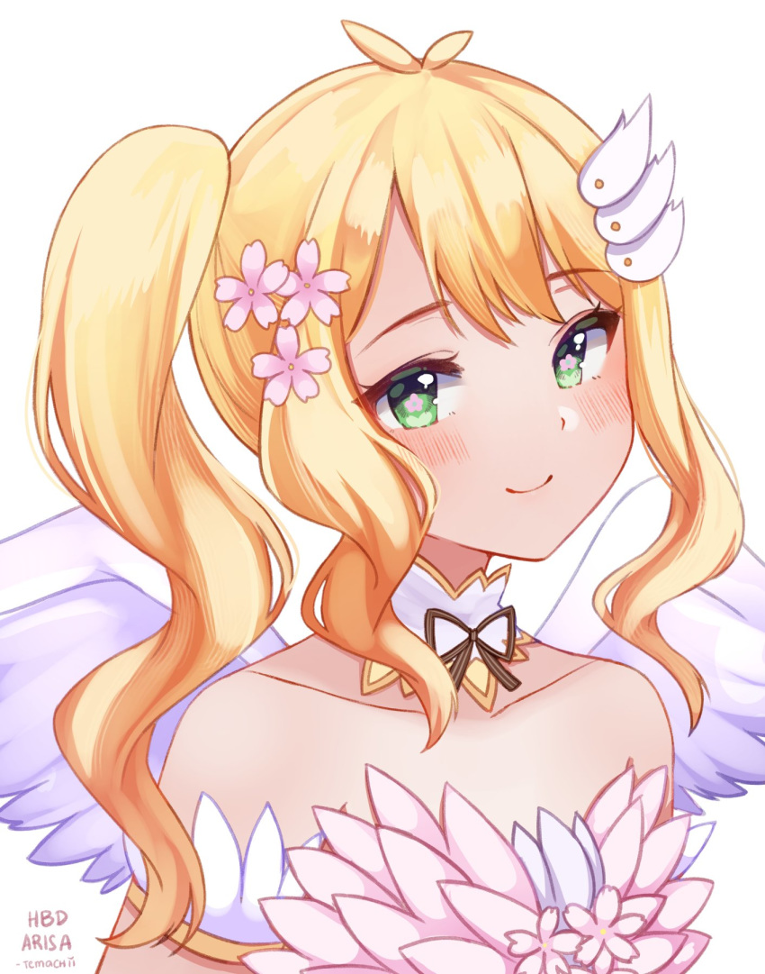 angel_wings bare_shoulders blonde_hair blush closed_mouth commentary english_commentary feathered_wings female flower-shaped_pupils green_eyes hair_ornament hanami_arisa head_tilt highres indie_virtual_youtuber long_hair looking_at_viewer neck_ribbon one_side_up ribbon signature simple_background smile solo symbol-shaped_pupils temachii upper_body virtual_youtuber white_background white_wings wings