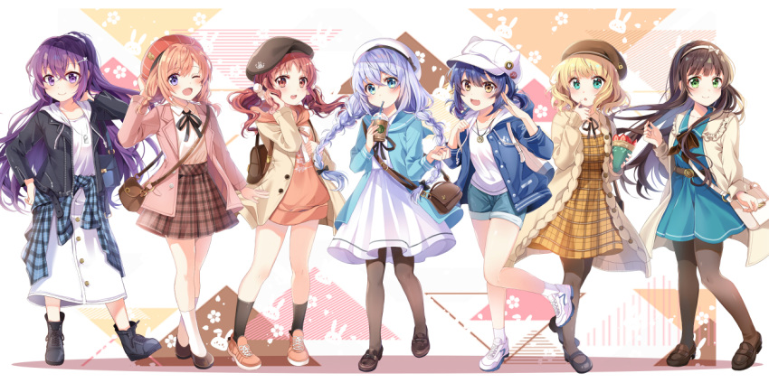 6+girls :d :o ;d alternate_costume alternate_hairstyle aqua_eyes bag beret black_footwear black_legwear blonde_hair blue_eyes blue_hair blunt_bangs boots braid brown_footwear brown_hair casual chocho_(homelessfox) coat commentary crepe cup disposable_cup dress drinking drinking_straw food fruit gochuumon_wa_usagi_desu_ka? green_eyes hair_between_eyes hair_ornament hairclip hand_up hat hoto_cocoa jacket jewelry jouga_maya kafuu_chino kirima_syaro light_blue_hair long_hair long_sleeves looking_at_viewer low_twintails medium_hair multiple_girls natsu_megumi one_eye_closed open_mouth orange_footwear orange_hair pantyhose peaked_cap pendant ponytail purple_eyes purple_hair red_eyes red_hair shirt shoes short_hair short_shorts shorts shoulder_bag smile socks strawberry tedeza_rize tied_shirt twin_braids twintails ujimatsu_chiya white_footwear yellow_eyes