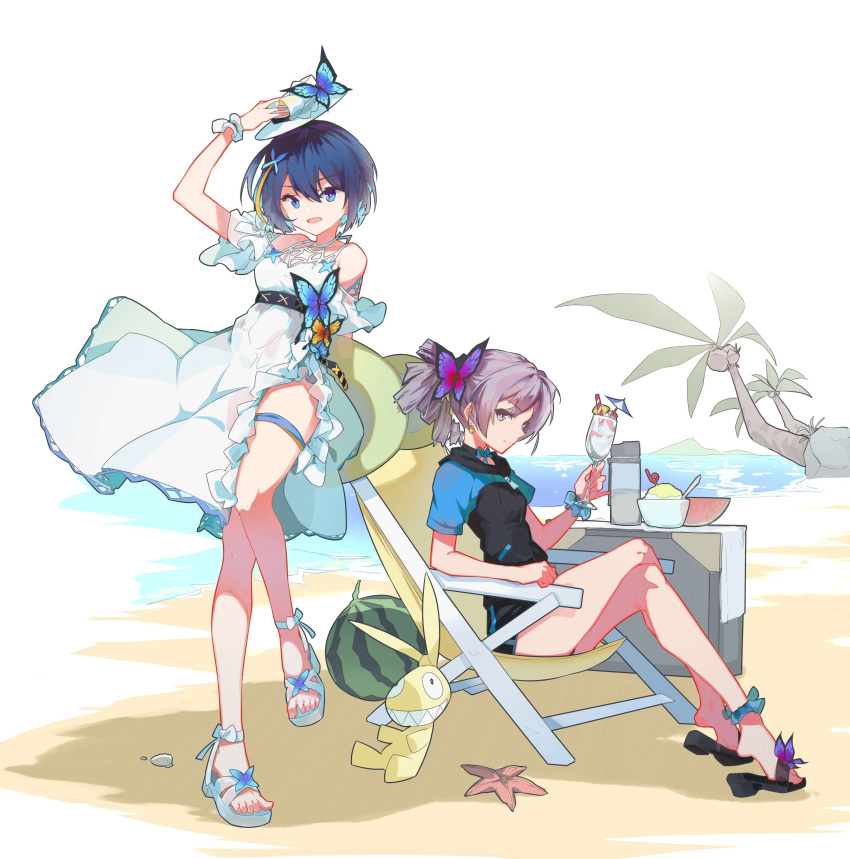 2girls :d absurdres bare_shoulders beach beach_chair black_hoodie black_shorts blue_eyes blue_hair bowl bronya_zaychik closed_mouth cup doll dress food fruit full_body grey_eyes grey_hair hair_between_eyes hair_ornament hat highres holding holding_clothes holding_cup holding_hat homu_(honkai_impact) honkai_(series) honkai_impact_3rd hood hoodie ice_cream linxi looking_at_viewer multicolored_hair multiple_girls ocean open_mouth palm_tree sand sandals seele_vollerei seele_vollerei_(swallowtail_phantasm) short_sleeves shorts sitting smile starfish streaked_hair summer summer_uniform sundress table toes tree watermelon white_dress white_headwear