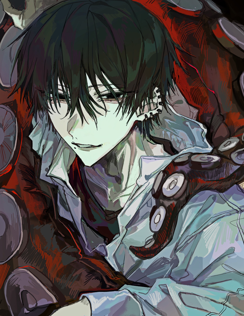 1boy absurdres black_eyes black_hair black_shirt chainsaw_man demon earrings hair_between_eyes highres jacket jewelry kuroume_(aihikarikuroume24) long_sleeves looking_at_viewer male_focus mole mole_under_mouth multiple_earrings octopus octopus_devil_(chainsaw_man) shirt short_hair simple_background solo tentacle upper_body white_jacket yoshida_hirofumi