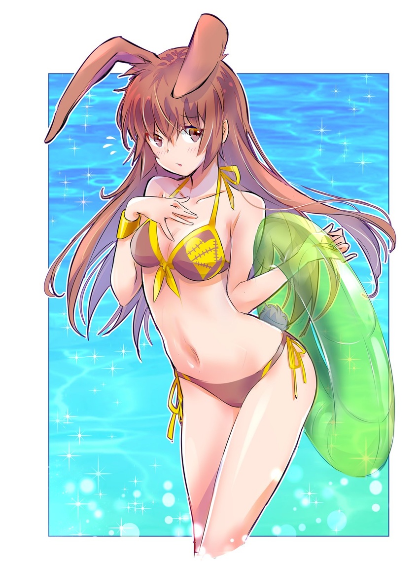 :o animal_ears bikini blush border breasts brown_eyes commentary cropped_legs female halterneck hand_on_own_chest highres holding holding_swim_ring iesupa innertube long_hair navel rabbit_ears rabbit_girl rabbit_tail rwby side-tie_bikini_bottom solo straight_hair string_bikini swim_ring swimsuit tail velvet_scarlatina water white_border