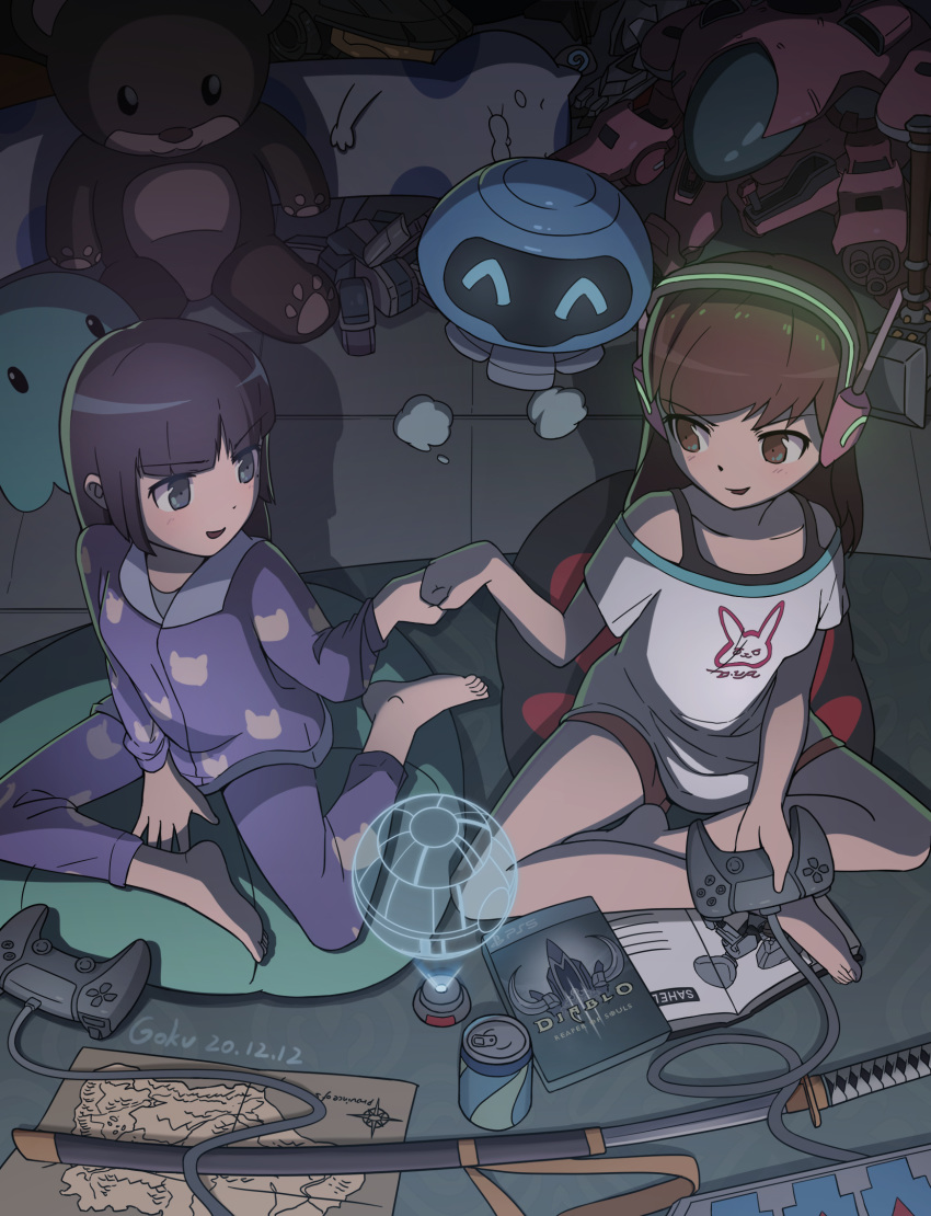 2girls ^_^ baggy_clothes black_hair blue_eyes blue_pajamas brown_eyes brown_hair can cat_pajamas chinese_commentary closed_eyes commentary_request controller crossed_legs crossover d.va_(overwatch) dated death_star diablo_(series) diablo_3 droid fist_bump game_console gokou_(pixiv31467555) gokou_ruri headset highres hime_cut hologram katana map mole mole_under_eye multiple_girls on_floor ore_no_imouto_ga_konna_ni_kawaii_wake_ga_nai overwatch overwatch_1 pajamas playing_games playstation_5 playstation_controller robot shirt shorts siege_tank_(starcraft) sitting snowball_(overwatch) star_wars starcraft stuffed_animal stuffed_toy sword t-shirt teddy_bear video_game weapon white_shirt