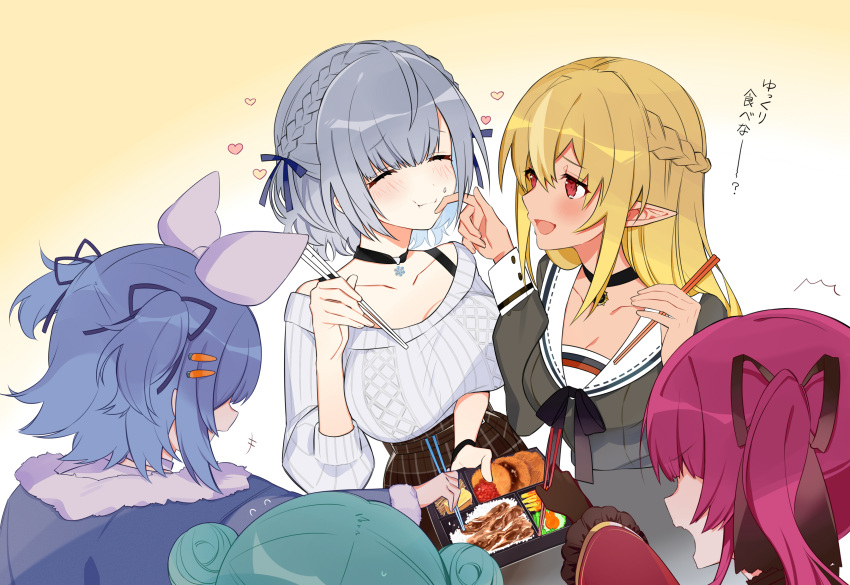 5girls absurdres bento black_choker black_tank_top blonde_hair braid chewing choker chopsticks closed_eyes commentary dark-skinned_female dark_skin eating elf food food_on_face french_braid grey_hair hair_down hairband highres holding holding_chopsticks hololive hololive_fantasy houshou_marine houshou_marine_(gothic_lolita) jewelry long_hair multicolored_hair multiple_girls official_alternate_costume pendant pointy_ears rice shiranui_flare shiranui_flare_(street) shirogane_noel shirogane_noel_(casual) short_hair snowflake_pendant streaked_hair sun_pendant symbol-only_commentary table tank_top translated uehara_(dormmmmir_) uruha_rushia usada_pekora usada_pekora_(casual) virtual_youtuber wavy_hair yuri