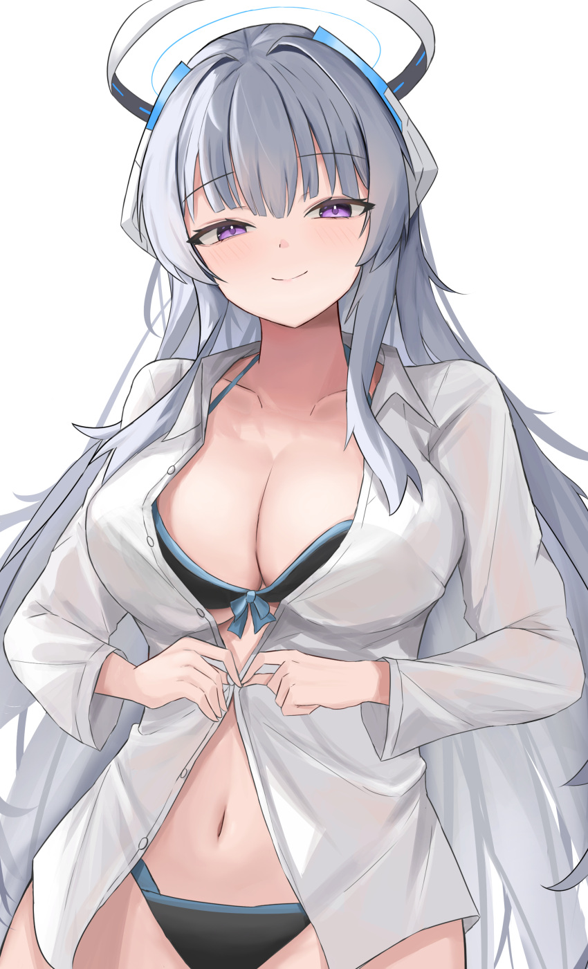 absurdres bikini bikini_under_clothes black_bikini blue_archive blush breasts cleavage closed_mouth collarbone female grey_hair halo highres hoangryu large_breasts long_hair long_sleeves looking_at_viewer mechanical_halo navel noa_(blue_archive) purple_eyes shirt smile solo swimsuit very_long_hair white_background white_hair white_shirt