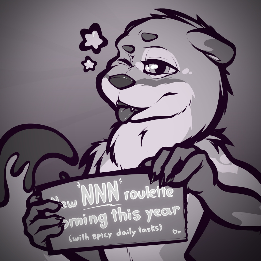 1:1 absurd_res amazinky anthro black_and_white faproulette fur fur_markings fur_tuft half-closed_eyes hi_res holding_carton holding_object holding_sign ink ink_drip inky_(amazinky) looking_at_viewer male mammal markings meme monochrome mustelid narrowed_eyes no_nut_november one_eye_closed open_mouth otter raised_tail sign simple_background solo standing star tail tongue tongue_out tuft tufted_fur wink