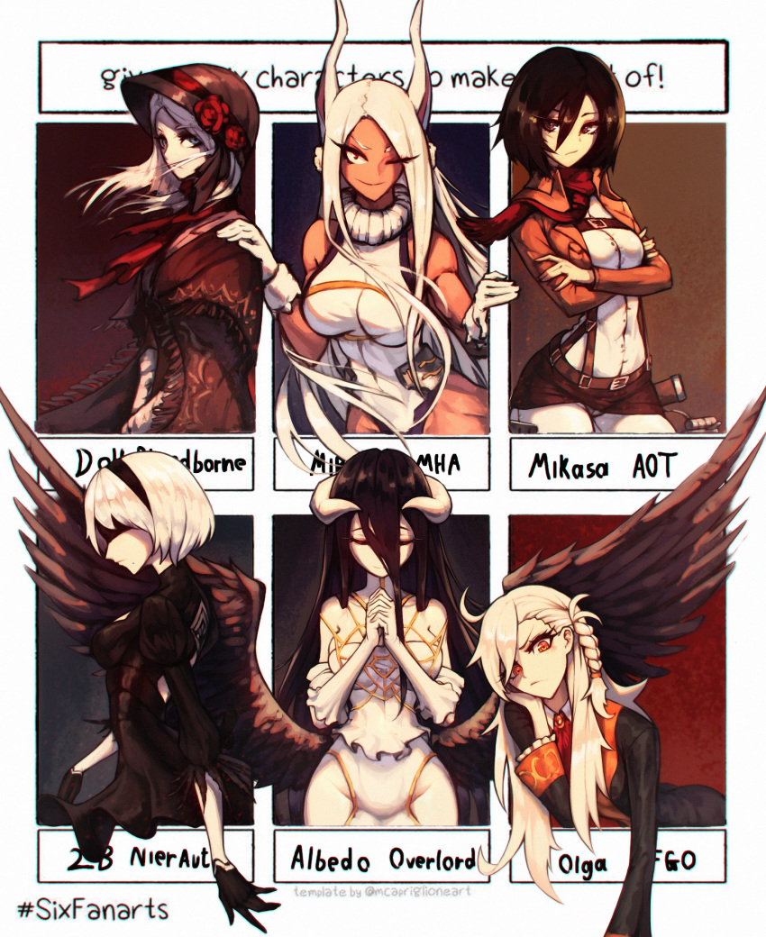 2b_(nier:automata) 6+girls albedo_(overlord) animal_ears black_dress black_hair blindfold bloodborne boku_no_hero_academia bonnet braid breasts character_name commentary cropped_jacket crossed_arms dark-skinned_female dark_skin demon_girl demon_horns dress english_commentary fate/grand_order fate_(series) fur_collar hair_between_eyes highleg highleg_leotard highres hip_vent horns jin_grey_paladin large_breasts leotard long_hair medium_breasts mikasa_ackerman mirko mole mole_under_mouth multiple_drawing_challenge multiple_girls muscular muscular_female nier:automata nier_(series) no_panties olga_marie_animusphere outside_border overlord_(maruyama) pale_skin paradis_military_uniform plain_doll rabbit_ears red_scarf scarf shingeki_no_kyojin side_braid six_fanarts_challenge skirt_over_leggings three-dimensional_maneuver_gear very_long_hair white_hair