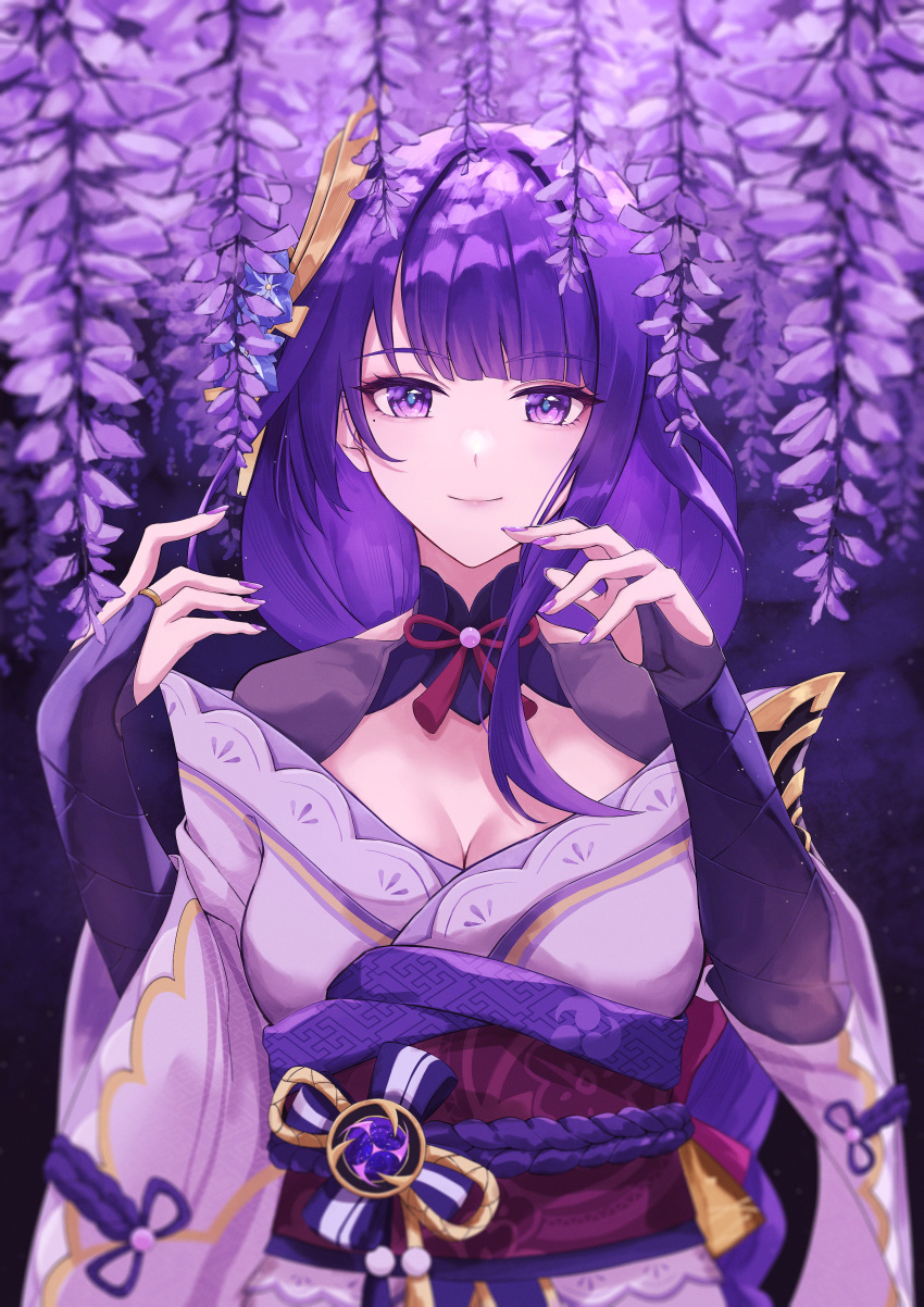 absurdres breasts bridal_gauntlets cleavage female floral_background flower genshin_impact hair_ornament hal_aluha highres japanese_clothes kimono long_hair looking_at_viewer medium_breasts mole mole_under_eye obi obiage obijime purple_eyes purple_flower purple_hair purple_kimono purple_nails raiden_shogun sash solo upper_body wisteria