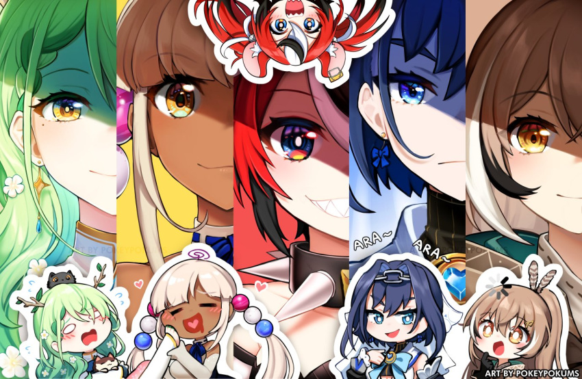 5girls animal_ears animal_on_head antlers ara_ara artist_name asymmetrical_hair black_dress black_gloves black_hair blank_eyes blue_bow blue_bowtie blue_eyes blue_hair blue_ribbon blunt_bangs blush bow bow_earrings bowtie braid brown_eyes brown_hair buffering cat_on_head ceres_fauna ceres_fauna_(1st_costume) chain_headband chains chibi closed_eyes closed_mouth clover_(ceres_fauna) collage collar column_lineup commentary dark-skinned_female dark_skin detached_sleeves dice_hair_ornament dress drooling earrings elbow_gloves expressionless feather_hair feline female_pervert flower gloves green_hair grin hair_between_eyes hair_flower hair_ornament hairclip hakos_baelz hakos_baelz_(1st_costume) headband headpiece heart heart_in_mouth holding_another's_foot holocouncil hololive hololive_english horns jewelry limiter_(tsukumo_sana) long_hair looking_at_viewer mouse_ears mousetrap mouth_drool multicolored_hair multiple_girls multiple_views nanashi_mumei nanashi_mumei_(1st_costume) neck_ribbon on_head open_mouth ouro_kronii ouro_kronii_(1st_costume) outline pervert planet_hair_ornament pokey ponytail red_hair ribbon saliva shade sharp_teeth short_hair smile snail_(ceres_fauna) spiked_collar spikes split_crop streaked_hair striped_clothes striped_dress sweatdrop teeth tree_horns tsukumo_sana tsukumo_sana_(1st_costume) twintails upside-down vertical-striped_clothes vertical-striped_dress virtual_youtuber wavy_mouth white_dress white_gloves white_hair yellow_eyes