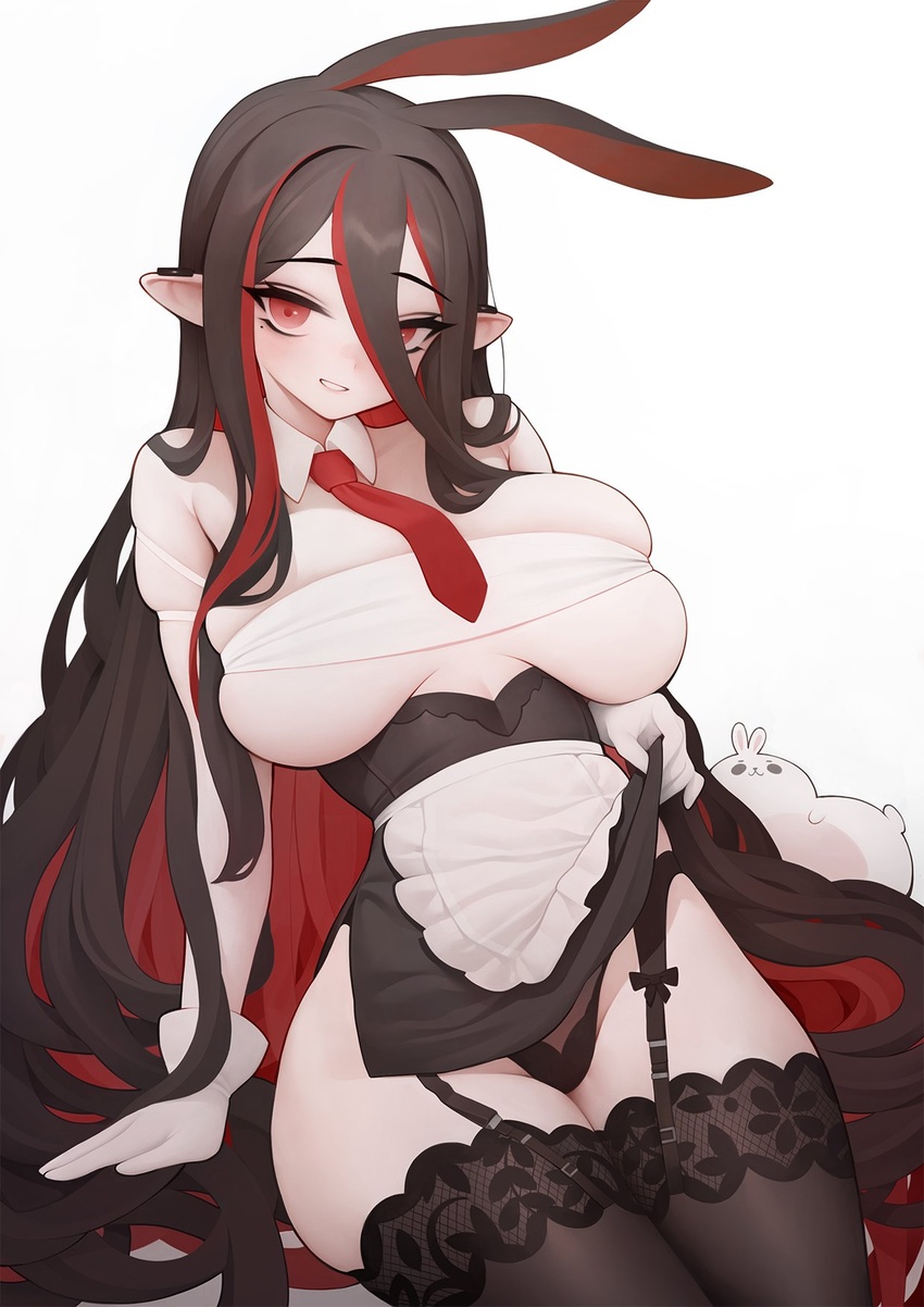 animal animal_ears apron black_hair black_panties black_rabii black_thighhighs blush breasts clothes_lift deep_skin female garter_belt gloves groin hair_between_eyes hair_over_one_eye highres large_breasts lifting_own_clothes long_hair looking_at_viewer mole mole_under_eye multicolored_hair necktie original panties parted_lips pointy_ears rabbit rabbit_(wlsdnjs950) rabbit_ears red_eyes red_hair red_necktie simple_background skindentation solo thighhighs underwear very_long_hair waist_apron white_apron white_background white_gloves