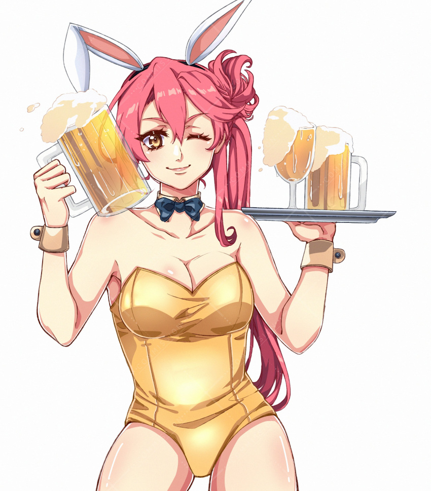 absurdres alcohol animal_ears beer beer_mug bow bowtie commentary commission cup detached_collar double-parted_bangs eiyuu_densetsu english_commentary fake_animal_ears hair_between_eyes hair_bun highleg highleg_leotard highres holding holding_cup holding_tray leotard looking_at_viewer mug one_eye_closed pink_hair playboy_bunny rabbit_ears sara_valestein sen_no_kiseki side_ponytail simple_background single_hair_bun strapless strapless_leotard tray white_background wrist_cuffs yellow_eyes yuzukiyo