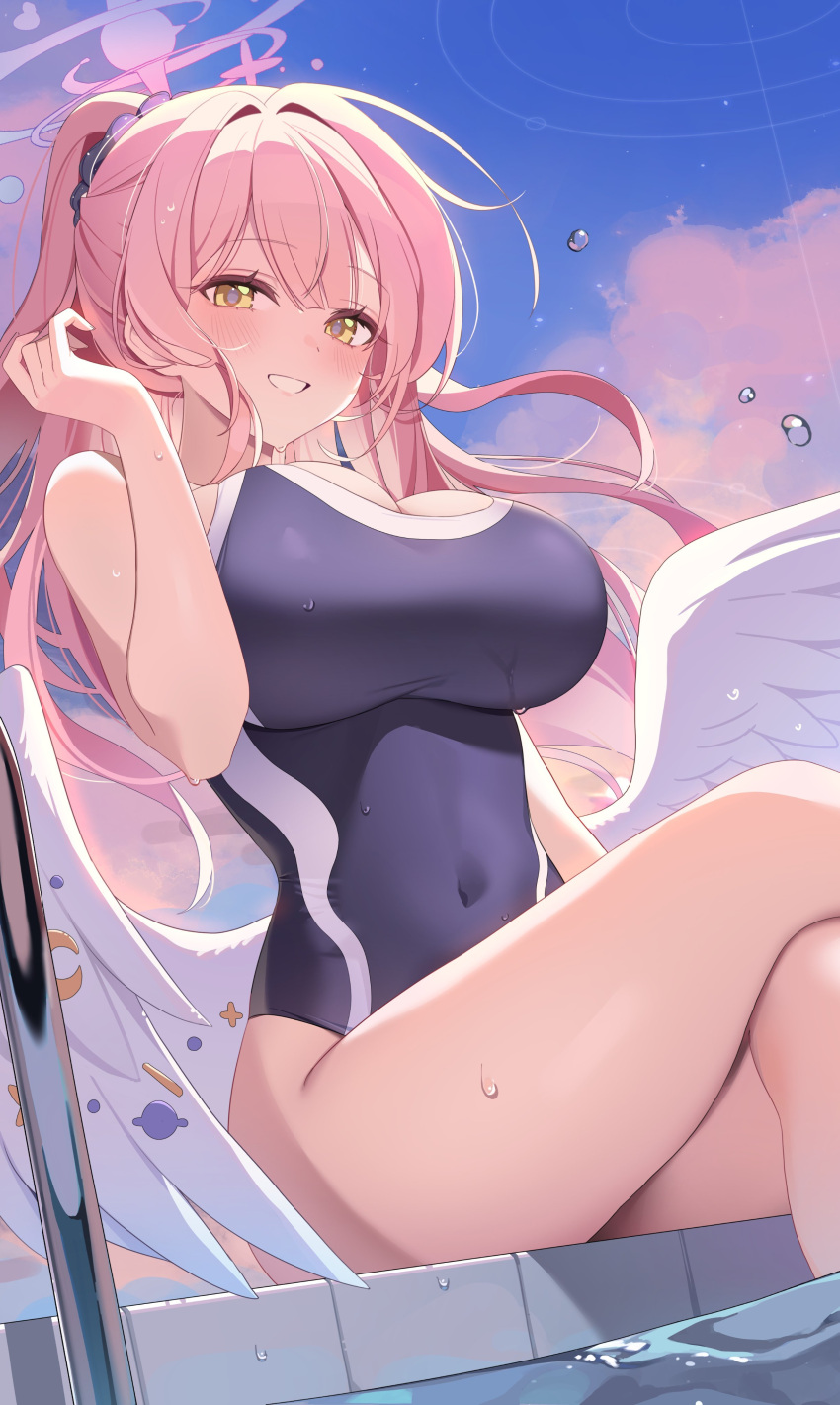 absurdres angel_wings bare_arms bare_legs bare_shoulders black_one-piece_swimsuit blue_archive blush breasts cleavage commentary covered_navel crescent crescent_pin crossed_legs feathered_wings feet_out_of_frame female grin halo highres kithera large_breasts long_hair mika_(blue_archive) one-piece_swimsuit outdoors pink_hair pink_halo school_swimsuit sitting smile solo swimsuit water white_wings wings yellow_eyes