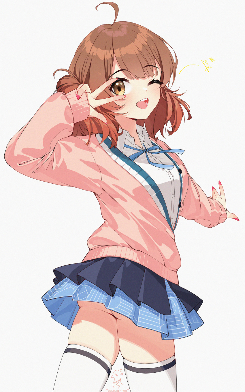 ;d absurdres ahoge ass black_overskirt blue_ribbon blue_skirt blush brown_hair cardigan commentary cz_(mikumikumi) female fingernails gakuen_idolmaster hair_bun hanami_ume hatsuboshi_gakuen_school_uniform highres idolmaster long_sleeves looking_at_viewer nail_polish neck_ribbon one_eye_closed pink_cardigan pleated_skirt ribbon school_uniform shirt simple_background single_side_bun skindentation skirt smile solo thighhighs twisted_torso underbutt w w_over_eye white_background white_shirt white_thighhighs