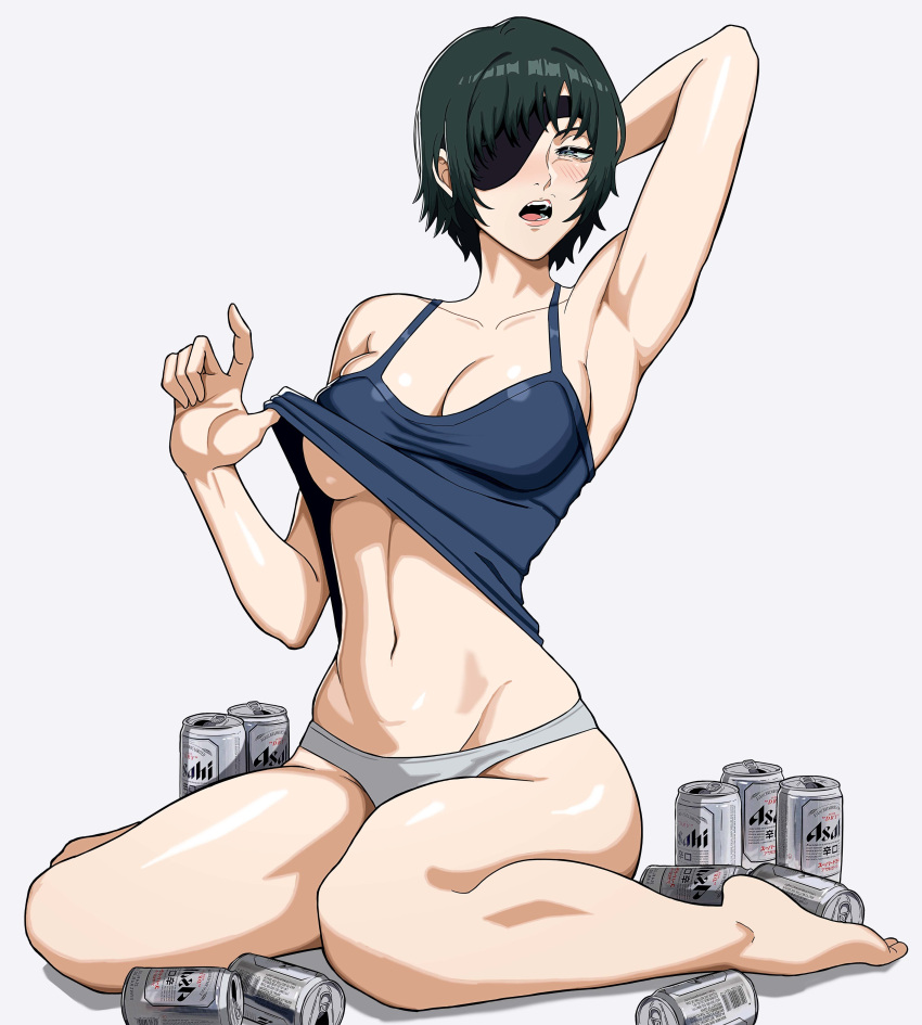 absurdres arm_up armpits asahi_breweries barefoot beer_can black_hair blue_eyes blush breasts can chainsaw_man clothes_lift collarbone drink_can drunk eyepatch female full_body grey_panties highres himeno_(chainsaw_man) large_breasts looking_at_viewer mikey_pie open_mouth panties shirt_lift short_hair simple_background sitting solo tank_top thighs underwear wariza white_background