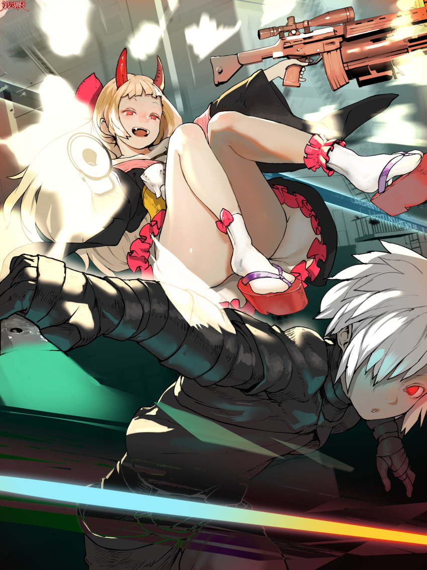 1boy :o ass assault_rifle black_gloves black_kimono blonde_hair convenient_leg copyright_name dairoku_ryouhei dual_wielding female gloves gun hair_over_one_eye highres holding holding_gun holding_knife holding_weapon horns howa_type_89 japanese_clothes kimono kiyokawa_shar knees_up knife red_eyes red_footwear red_horns rifle seal_squadwill slashing socks tetuhei weapon white_hair white_socks wide_sleeves