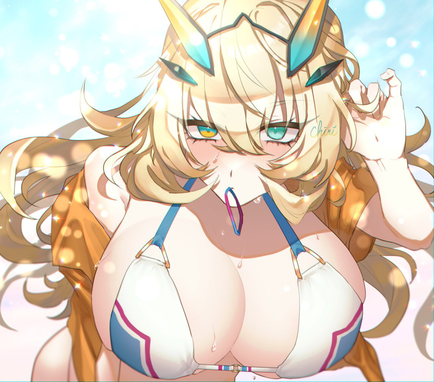 bare_shoulders barghest_(fate) barghest_(swimsuit_archer)_(fate) barghest_(swimsuit_archer)_(final_ascension)_(fate) bikini blonde_hair blue_sky blush breasts chiri_214 cleavage collarbone fate/grand_order fate_(series) female green_eyes highres horns huge_breasts long_hair looking_at_viewer multicolored_bikini multicolored_clothes off_shoulder open_clothes open_shirt orange_shirt shirt short_sleeves sky solo sparkle swimsuit thighs wet white_bikini