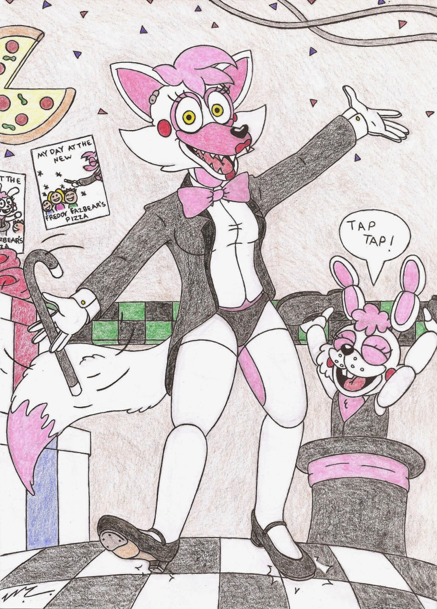 2015 5_fingers alternate_universe anthro black_clothing black_coat black_footwear black_high_heels black_panties black_shoes black_tie_(suit) black_top_hat black_topwear black_underwear black_vest blush blush_stickers bonnie_(fnaf) bow_tie buckteeth cane canid canine checkered checkered_floor cheek_tuft closed_eyes clothing coat dance_shoes dancewear dancing dipstick_tail drawing duo eye_markings eyelashes facial_markings facial_tuft fan_character female fingers five_nights_at_freddy's five_nights_at_freddy's_2 food footwear fox fur gift gloves graphite_(artwork) hair handwear hat head_markings headgear headwear hi_res high_heels holding_cane holding_clothing holding_footwear holding_object holding_shoes leg_markings lips lipstick looking_at_viewer machine maggie_mangle_(sega-htf) makeup male mammal mangle_(fnaf) markings mary_janes motion_lines mtf_crossgender multicolored_body multicolored_fur muzzle_(marking) on_heel open_mouth open_smile panties pencil_(artwork) pink_bow_tie pink_eyelids pink_hair pink_markings pink_neckwear pink_tail_tip pizza red_lips red_lipstick ribbons robot roommates_(comic) rule_63 scottgames sega-htf sharp_teeth shirt shirt_cuffs shoes smile smiling_at_viewer snout snout_markings solo_focus speech_bubble suit tail tail_markings tailcoat tap_dancing tap_shoes teeth thigh_markings top_hat topwear traditional_media_(artwork) tuft two_tone_body two_tone_fur two_tone_tail underwear vest white_body white_clothing white_fur white_gloves white_handwear white_shirt white_shirt_cuffs white_topwear