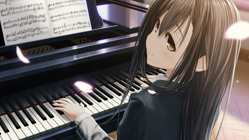 black_jacket blurry blurry_background blush brown_eyes brown_hair cherry_blossoms closed_mouth female game_cg hahakigi_hinako hair_between_eyes indoors instrument jacket kurono_mitsuki long_hair long_sleeves music piano playing_instrument playing_piano re:lief_~shin'ai_naru_anata_e~ sitting solo straight_hair upper_body very_long_hair