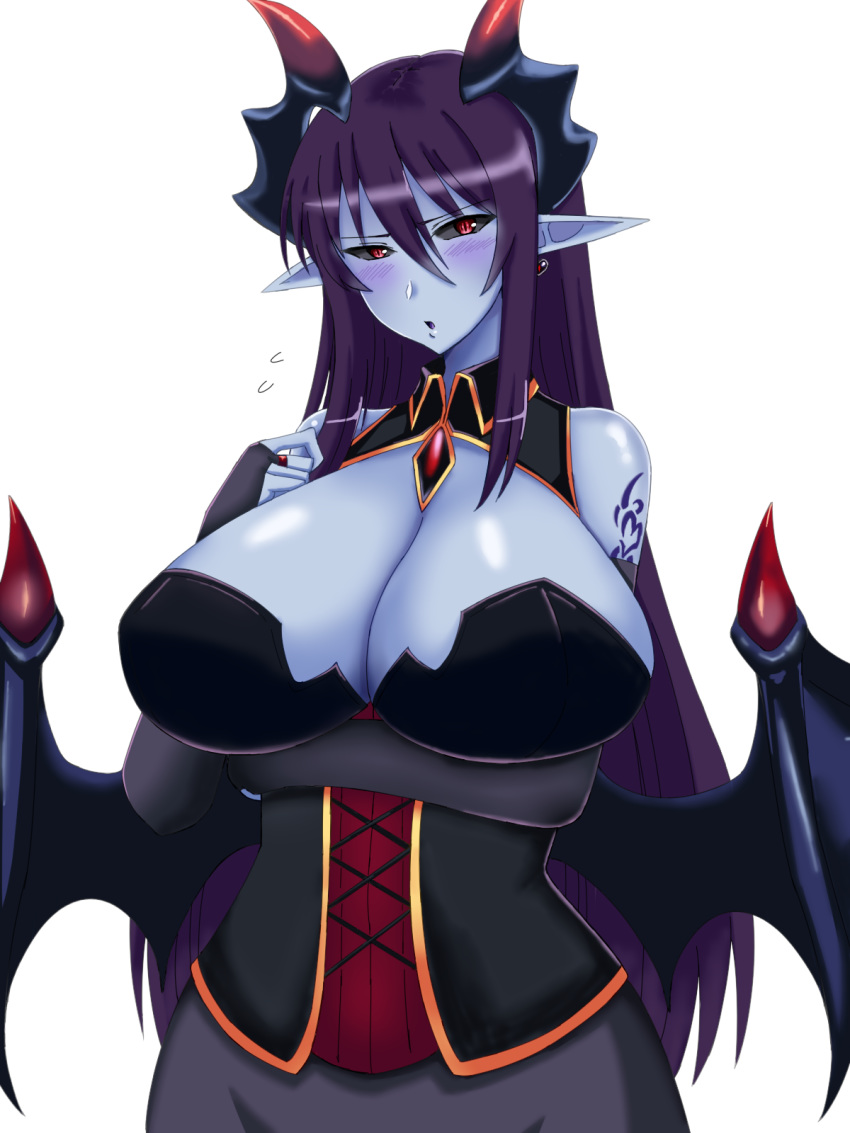 arm_under_breasts bad_id bad_pixiv_id bare_shoulders black_sclera blue_skin blush breasts bridal_gauntlets cleavage colored_sclera colored_skin commentary_request corset demon_(monster_girl_encyclopedia) demon_girl demon_horns demon_wings elbow_gloves female gloves hair_between_eyes highres horns huge_breasts large_breasts long_hair looking_at_viewer monster_girl monster_girl_encyclopedia murayama_nakoto open_mouth pointy_ears purple_hair red_eyes simple_background slit_pupils solo upper_body white_background wings