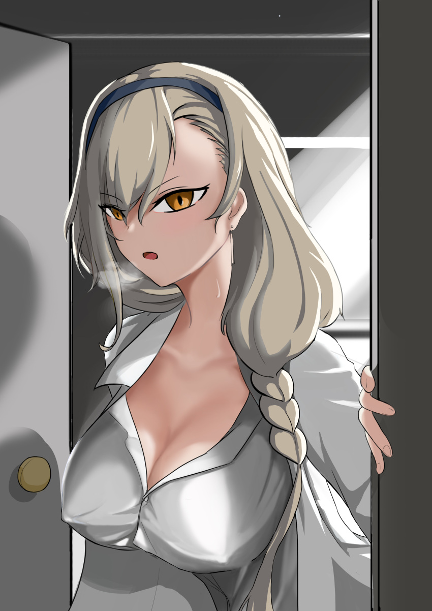 absurdres azur_lane braid braided_ponytail breasts cleavage doctor door eagle_(azur_lane) eagle_(eagle's_clinic)_(azur_lane) female grey_hair hairband highres long_hair looking_at_viewer medium_breasts official_alternate_costume open_mouth orange_eyes rihua_(shichangcwy) robe shirt solo sweatdrop upper_body white_robe white_shirt