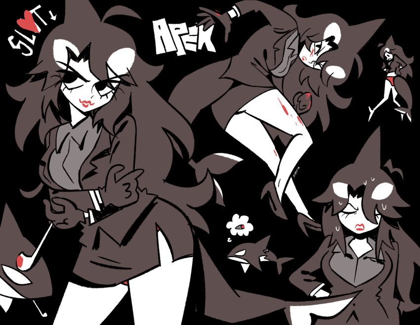 black_eyes black_gloves black_hair black_jacket black_shirt black_skirt black_theme cetacean_tail english_commentary female fins fish_tail funamusea genderswap_(mtf) gloves head_fins highres holding holding_smoking_pipe ice_scream idate_(funamusea) jacket kirvias_(kirvia) lipstick long_hair long_sleeves looking_at_viewer makeup multiple_views orca orca_girl pencil_skirt rule_63 shirt skirt smoking_pipe spotted_hair tail