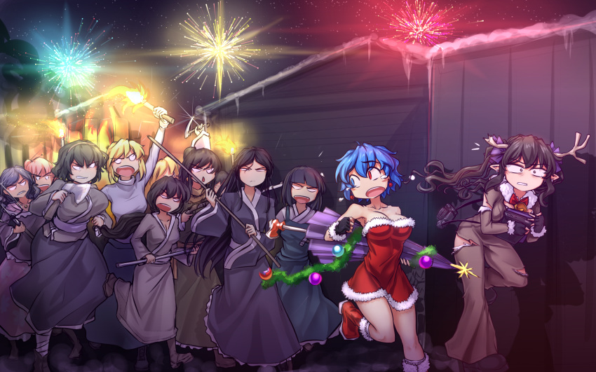 6+girls alternate_costume angry animal_costume antlers arcueid_brunestud bare_shoulders black_gloves blonde_hair blue_eyes blue_hair boots breasts brown_eyes brown_hair camera chasing commentary dress english_commentary fake_antlers fingerless_gloves fireworks fleeing fur-trimmed_boots fur-trimmed_dress fur_trim gloves hater_(hatater) heterochromia highres himekaidou_hatate horns icicle karakasa_obake long_hair long_skirt medium_breasts mob multiple_girls night outdoors pitchfork red_dress red_eyes red_footwear reindeer_costume robe running santa_boots santa_costume santa_dress short_dress short_hair sickle skirt sweater tatara_kogasa torch torn_clothes touhou tsukihime turtleneck umbrella winter