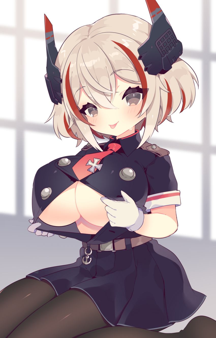 :p anchor_symbol azur_lane bad_id bad_pixiv_id belt black_pantyhose blonde_hair blue_dress blush breasts brown_belt brown_eyes buttons collared_dress commentary_request cross dress female gloves hair_between_eyes head_tilt headgear highres iron_cross large_breasts looking_at_viewer multicolored_hair necktie no_shoes opened_by_self pantyhose partially_unbuttoned peroppafu pleated_dress red_hair red_necktie roon_(azur_lane) short_hair short_sleeves sidelocks sitting smile solo streaked_hair sweatdrop tongue tongue_out underboob wariza white_gloves window