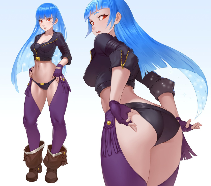 adjusting_clothes adjusting_panties angel_(kof) angel_(kof)_(cosplay) ass bad_id bad_twitter_id blue_hair boots breasts butt_crack chaps cheshirrr commentary cosplay cowboy_boots cropped_jacket english_commentary female fingerless_gloves from_behind full_body gloves highres jacket kula_diamond leather leather_jacket long_hair looking_at_viewer medium_breasts midriff multiple_views panties red_eyes second-party_source snk_heroines:_tag_team_frenzy the_king_of_fighters toned underwear