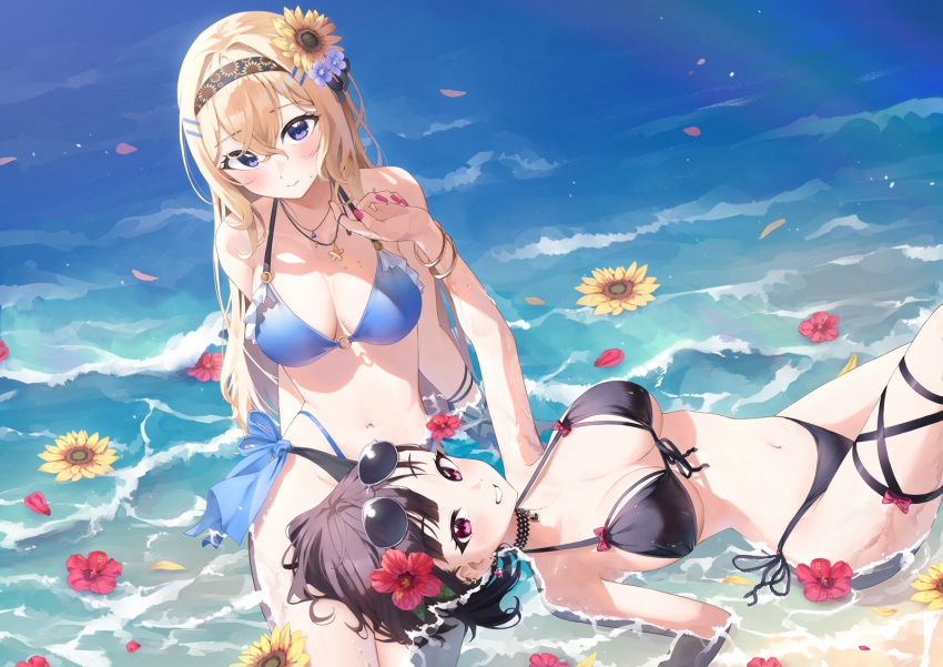 2girls arm_support beach bikini black_bikini black_choker black_hair blonde_hair blue_bikini blue_eyes bracelet breasts breasts_apart choker cleavage commentary crossed_bangs eyewear_on_head flower frilled_bikini frills front-tie_bikini_top front-tie_top hair_between_eyes hair_flower hair_ornament hairband hairclip halterneck hibiscus jewelry lap_pillow long_hair medium_breasts morros multi-strapped_bikini_bottom multiple_girls nail_polish necklace o-ring o-ring_bikini o-ring_top ocean original outdoors red_eyes red_nails short_hair side-tie_bikini_bottom string_bikini sunflower sunflower_hair_ornament sunglasses swimsuit symbol-only_commentary thigh_strap water