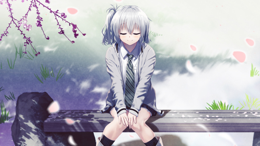 ai_(re:lief) bench black_socks blue_skirt blush closed_eyes closed_mouth collared_shirt diagonal-striped_clothes diagonal-striped_necktie facing_viewer female game_cg grey_hair grey_jacket hair_between_eyes jacket kneehighs kurono_mitsuki long_sleeves medium_hair miniskirt necktie open_clothes open_jacket outdoors petals plaid plaid_skirt re:lief_~shin'ai_naru_anata_e~ shirt side_ponytail sitting skirt smile socks solo striped_clothes white_shirt wing_collar