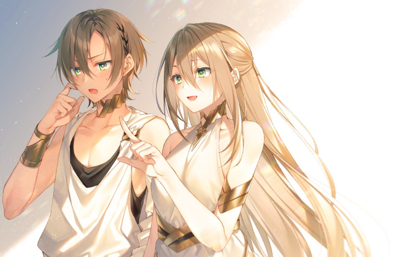 1boy adele_(fate) bracelet brown_hair fate/grand_order fate_(series) female green_eyes jewelry light long_hair makarios_(fate) pointing scratching_cheek siblings toosaka_asagi twins