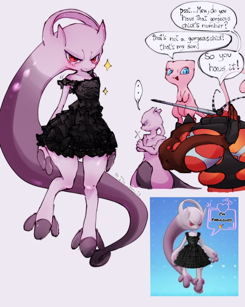 2023 4:5 ambiguous_gender blue_eyes blush buzzwole clothed clothing crossdressing dress english_text father_(lore) father_and_child_(lore) felid feline fur generation_1_pokemon generation_6_pokemon generation_7_pokemon hi_res itz_smi73 legendary_pokemon looking_at_viewer male mammal mega_evolution mega_mewtwo mega_mewtwo_y mew_(pokemon) mewtwo nintendo parent_(lore) parent_and_child_(lore) pink_body pink_fur pokemon pokemon_(species) pokemon_unite red_body red_eyes simple_background son_(lore) text ultra_beast white_background white_body