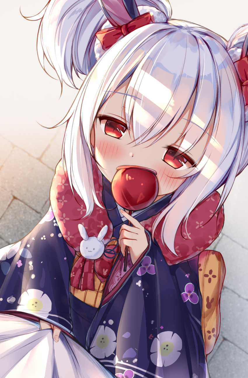 azur_lane blurry blush bow candy_apple clothes_grab commander_(azur_lane) commentary covered_mouth depth_of_field double_bun eyes_visible_through_hair female food from_above fur_scarf hair_between_eyes hair_bun hair_ornament hairband hairbow highres holding irokari japanese_clothes kimono laffey_(azur_lane) laffey_(snow_rabbit_and_candy_apple)_(azur_lane) long_hair long_sleeves looking_at_viewer looking_up military military_uniform naval_uniform obi official_alternate_costume pov red_eyes sash shade sidelocks solo_focus twintails uniform white_hair wide_sleeves