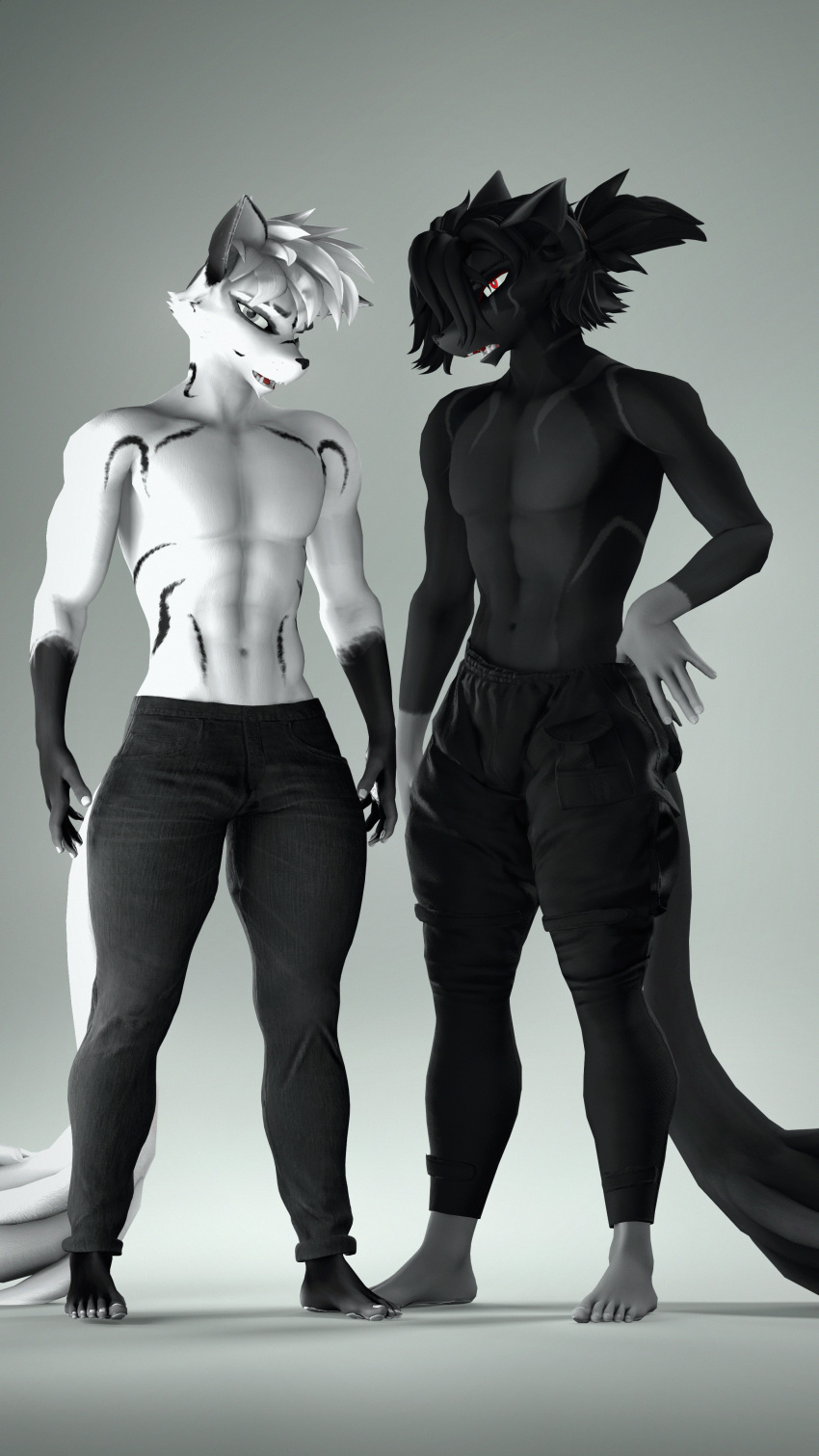 2023 3d_(artwork) 4k 5_fingers 5_toes 9:16 absurd_res akuma_(domibun) anthro barefoot black_body black_bottomwear black_clothing black_fur black_pants bottomwear canid canine clothed clothing digital_media_(artwork) domibun duo feet fingers fox fur gloves_(marking) grey_background grey_eyes hair hi_res kolt_(domibun) looking_at_viewer male mammal markings multicolored_body multicolored_fur open_mouth pants red_eyes simple_background source_filmmaker_(artwork) standing toes topless topless_anthro topless_male two_tone_body two_tone_fur warfare_machine white_body white_fur white_hair