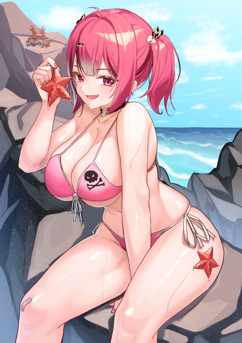 absurdres arm_support bandaid bandaid_on_knee bandaid_on_leg bikini black_hair breasts cleavage cloud crab day female front-tie_bikini_top front-tie_top goddess_of_victory:_nikke hair_ornament hairclip halterneck highres iznal large_breasts looking_at_viewer mast_(nikke) medium_hair multicolored_hair ocean oerba_yun_fang open_mouth outdoors pink_bikini pink_hair pink_nails rock side-tie_bikini_bottom sitting skindentation skull_collar skull_print sky smile solo starfish streaked_hair string_bikini swimsuit thighs twintails underboob wet