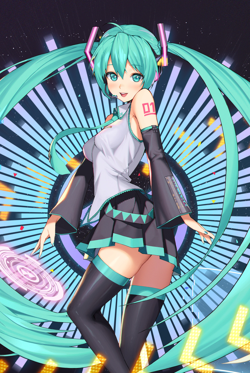 absurdres aqua_eyes aqua_hair aqua_nails aqua_necktie boots commentary english_commentary female fingernails hatsune_miku hatsune_miku_expo highres long_hair looking_at_viewer migu_(iws2525) necktie open_mouth skirt smile solo tattoo thigh_boots twintails very_long_hair vocaloid zettai_ryouiki