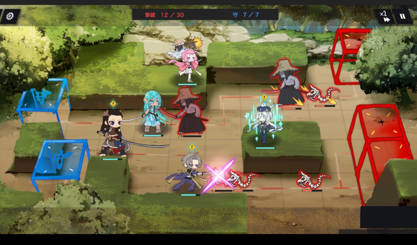 6+boys arknights chatan_nakiri_(touken_ranbu) chibi chiyoganemaru_(touken_ranbu) colored_skin commentary enemy_tantou enemy_uchigatana fake_screenshot grey_skin hakusan_yoshimitsu hakusan_yoshimitsu's_fox hat heshikiri_hasebe jikan_sokougun jip multiple_boys nenekirimaru parody shaded_face skeleton sword touken_ranbu tousou_(touken_ranbu) tree weapon