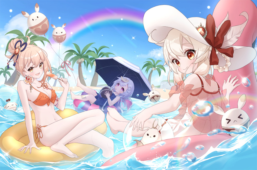 3girls :d absurdres afloat alternate_costume alternate_hairstyle arm_support bare_back bare_shoulders barefoot beach bikini blue_sky blurry bow-shaped_hair braid breasts camisole casual_one-piece_swimsuit cleavage cloud cloudy_sky coconut coconut_tree commentary_request depth_of_field detached_sleeves dodoco_(genshin_impact) dress drinking_straw drinking_straw_in_mouth flat_chest food frilled_one-piece_swimsuit frills genshin_impact hair_between_eyes hair_bun hair_ornament hairclip hat hat_ornament highres holding holding_food holding_popsicle holding_swim_ring horizon innertube jiangshi jumpy_dumpty klee_(genshin_impact) light_brown_hair lolicon long_hair looking_at_viewer medium_breasts multiple_girls navel neneko_sleep ofuda ofuda_on_head on_innertube one-piece_swimsuit orange_bikini orange_eyes outdoors palm_tree pointy_ears popsicle purple_eyes purple_hair qiqi_(genshin_impact) rainbow see-through see-through_camisole short_sleeves side-tie_bikini_bottom sidelocks single_braid single_hair_bun sitting sky sleeveless smile spaghetti_strap stomach stuffed_animal stuffed_toy summer sun_hat sundress swim_ring swimsuit toes tree umbrella vision_(genshin_impact) water_drop wet wet_clothes wet_swimsuit white_one-piece_swimsuit yoimiya_(genshin_impact)