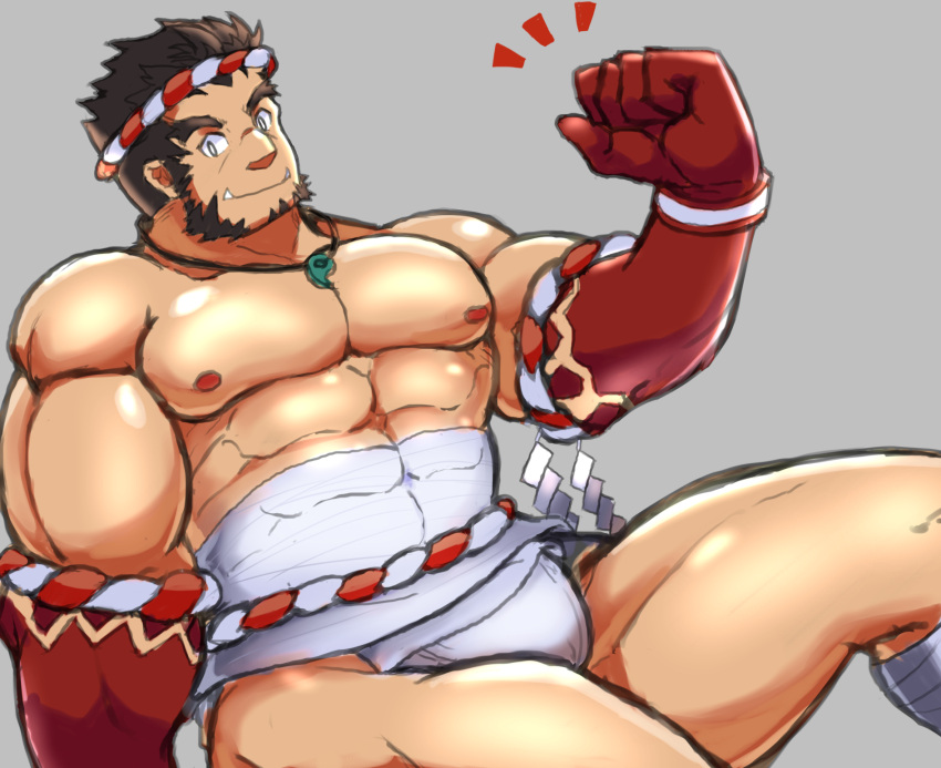 1boy abs bandaged_leg bandages bara biceps black_hair bulge clenched_hand clothing_aside colored_skin covered_abs facial_hair feet_out_of_frame flexing forked_eyebrows fundoshi fundoshi_aside goatee goriin110 hachimaki head_tilt headband highres japanese_clothes large_pectorals looking_at_viewer looking_to_the_side male_focus mature_male midriff_sarashi muscular muscular_male mutton_chops nejiri_hachimaki nipples notice_lines pectorals red_skin sarashi short_hair sitting solo tajikarao_(housamo) thick_eyebrows thick_thighs thighs tokyo_afterschool_summoners topless_male tusks