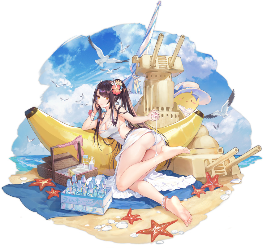 animal anklet ass azur_lane backless_dress backless_outfit banana_boat bare_arms bare_shoulders barefoot beach beach_mat bikini bikini_under_clothes bird black_hair bottle bracelet breasts chick cleavage cloud criin dress feet female flower hair_flower hair_ornament hibiscus hiei_(azur_lane) hiei_(beauty_of_the_white_sands)_(azur_lane) highres horns jewelry large_breasts long_hair looking_at_viewer looking_back lotion lotion_bottle manjuu_(azur_lane) official_art orange_eyes picnic_basket ponytail pouring sand sand_castle sand_sculpture sleeveless sleeveless_dress solo starfish swimsuit thighs transparent_background very_long_hair water water_bottle white_bikini white_dress