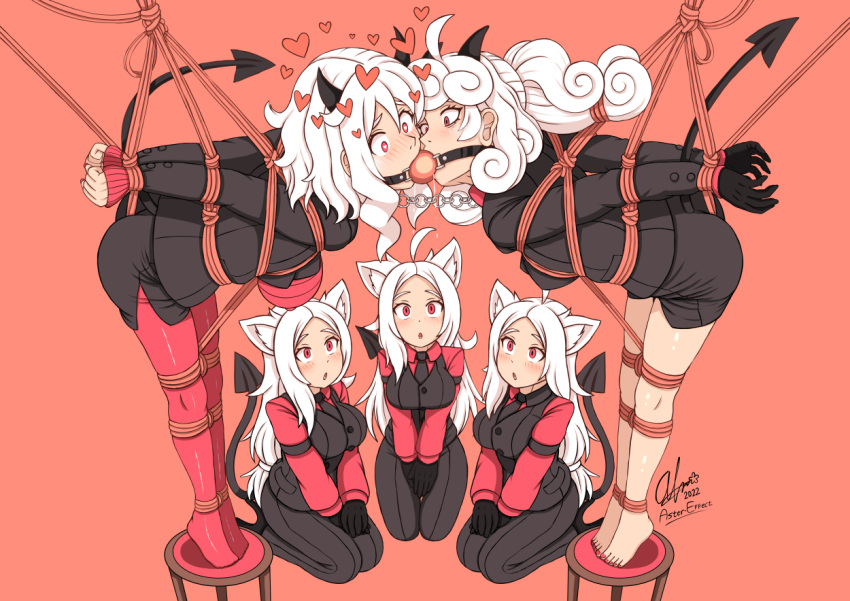 5girls ahoge animal_ears arms_behind_back aster-effect ball_gag bare_legs barefoot bent_over black_horns black_suit black_tail black_vest blush bondage bondage bondage bound bound_arms bound_legs bound_together bound_torso bound_wrists breast_bondage breasts cerberus_(helltaker) curly_hair demon_girl demon_tail dog_ears dog_girl drooling face-to-face formal full_body gag gagged gloves hand_rest heart helltaker horns jacket linked_gag long_hair long_sleeves looking_at_another looking_up medium_hair miniskirt modeus_(helltaker) multiple_girls nail_polish no_eyewear no_shoes nose_blush pandemonica_(helltaker) pant_suit pants pantyhose parted_lips pencil_skirt red_background red_eyes red_shirt restrained rope seiza shibari_over_clothes shirt sidelocks simple_background sitting skirt standing stool suit suspension tail tail_through_clothes tiptoes toenails toes triplets vest white_hair