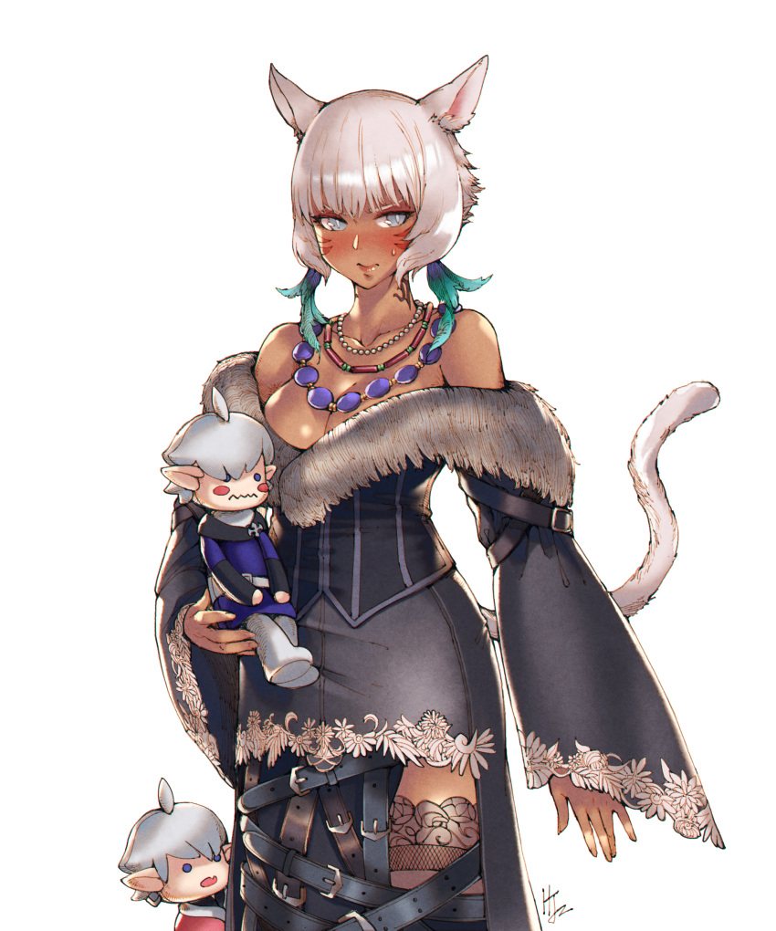 absurdres alisaie_leveilleur alphinaud_leveilleur animal_ears archon_mark bare_shoulders blush breasts cat_ears cat_girl cat_tail cleavage corset cosplay dark_skin dress elf facial_mark female final_fantasy final_fantasy_x final_fantasy_xiv fur-trimmed_dress fur_trim grey_eyes highres hjz_(artemi) in-franchise_crossover jewelry large_breasts lulu_(ff10) lulu_(ff10)_(cosplay) miqo'te necklace off-shoulder_dress off_shoulder pointy_ears short_hair stuffed_toy tail tattoo thighhighs thighs whisker_markings white_hair wide_sleeves y'shtola_rhul