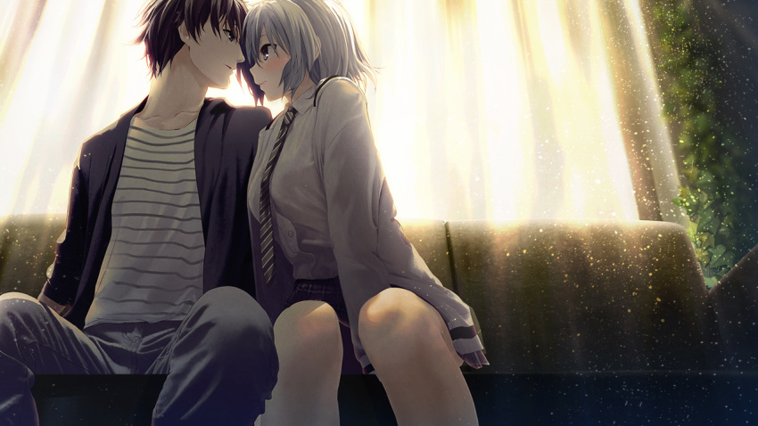 1boy ai_(re:lief) black_jacket blush breasts brown_eyes brown_hair closed_mouth collarbone collared_shirt couple dress_shirt eye_contact female game_cg grey_hair grey_pants imminent_kiss indoors jacket kurono_mitsuki leaning_forward light_particles long_sleeves looking_at_another medium_breasts miniskirt necktie nitta_tsukasa open_clothes open_jacket pants re:lief_~shin'ai_naru_anata_e~ shirt short_hair skirt straight striped_clothes striped_shirt white_shirt wing_collar