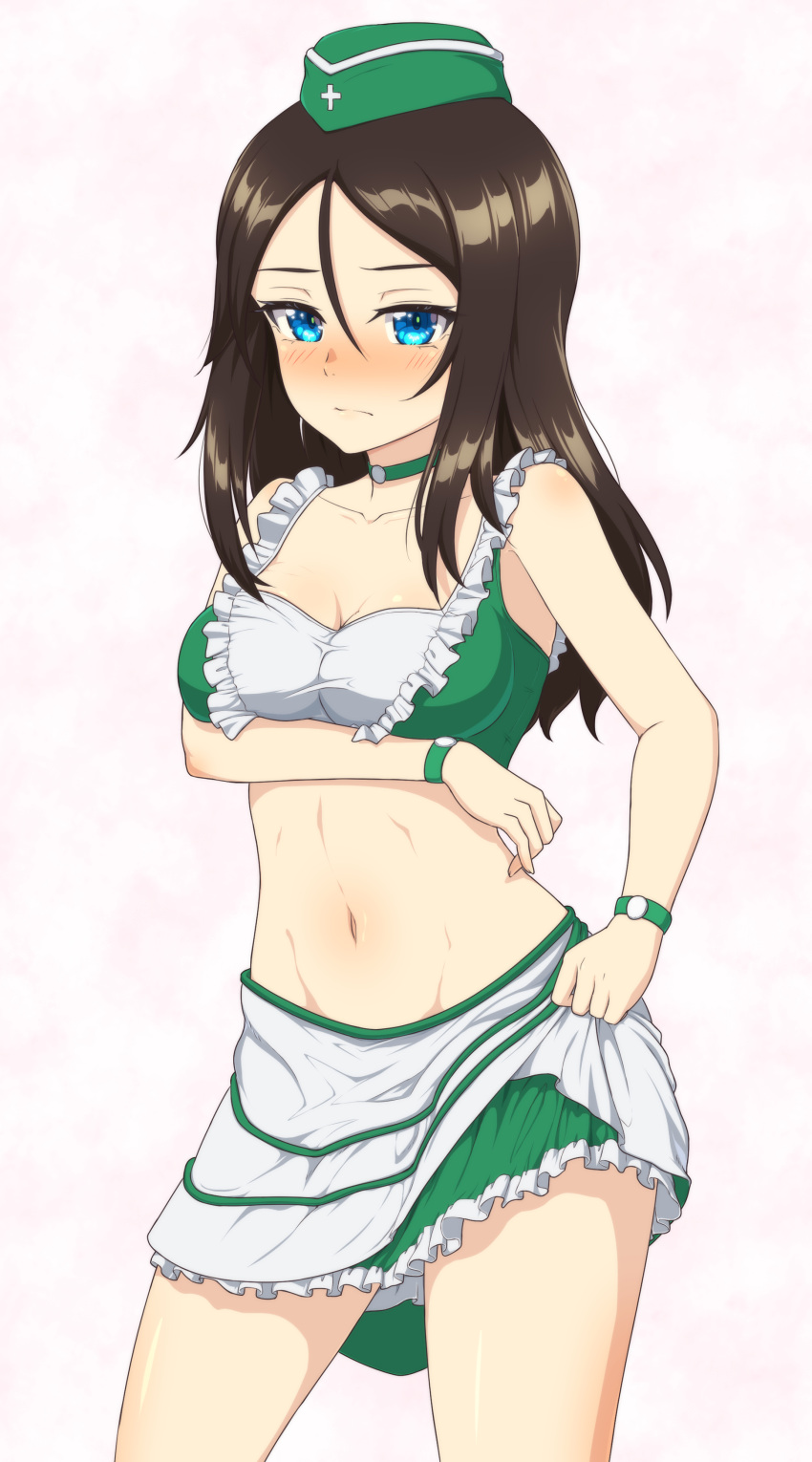 absurdres ada_badguy blue_eyes blush breasts brown_hair choker cleavage closed_mouth embarrassed female frilled_skirt frills girls_und_panzer green_choker green_hat hat highres long_hair looking_at_viewer medium_breasts navel nonna_(girls_und_panzer) race_queen simple_background skirt solo