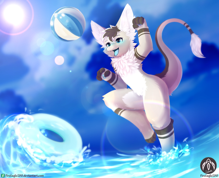 absurd_res ambiguous_gender anthro ball beach beach_ball claws digital_media_(artwork) ferrin hi_res inflatable open_mouth paws playful seaside senz smile solo sorvete teeth tongue water