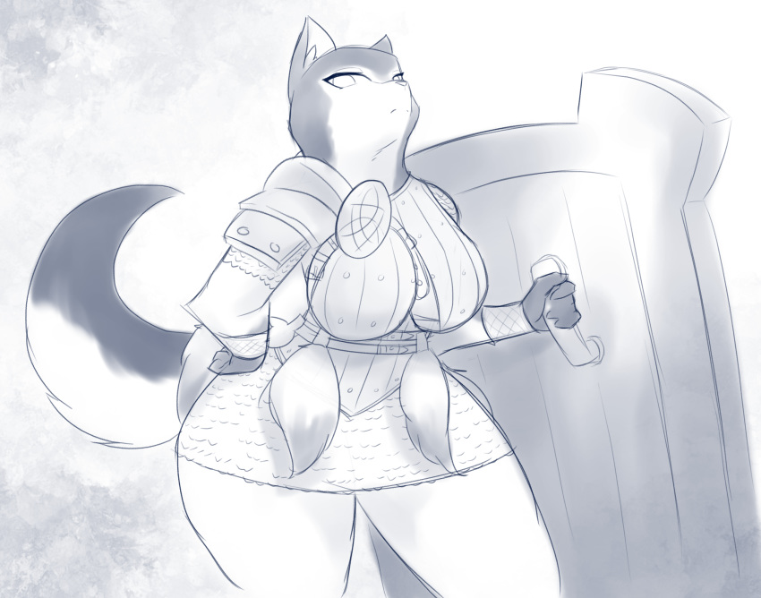 anthro armello armor big_breasts blue_and_white breasts canid canine canis digital_media_(artwork) female frown hi_res ihara league_of_geeks looking_at_viewer magna_(armello) mammal monochrome shield simple_background solo source_request thick_thighs wolf