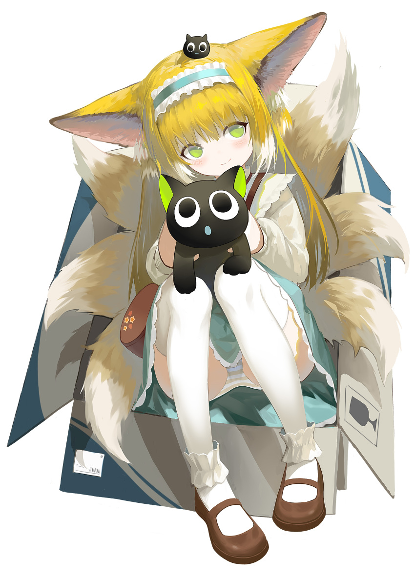 absurdres animal animal_ear_fluff animal_ears arknights black_cat blonde_hair blue_hairband blue_skirt box brown_footwear cardboard_box chinese_commentary cigarette_p closed_mouth commentary_request feline female fox_ears fox_girl fox_tail frilled_hairband frills full_body green_eyes hairband heixiu highres holding holding_animal in_box in_container jacket kitsune knees_up long_sleeves looking_at_viewer luo_xiaohei luo_xiaohei_(cat) luo_xiaohei_zhanji multicolored_hair panties puffy_long_sleeves puffy_sleeves shoes simple_background skirt smile striped_clothes striped_panties suzuran_(arknights) suzuran_(spring_praise)_(arknights) tail thighhighs two-tone_hair underwear white_background white_hair white_jacket white_thighhighs