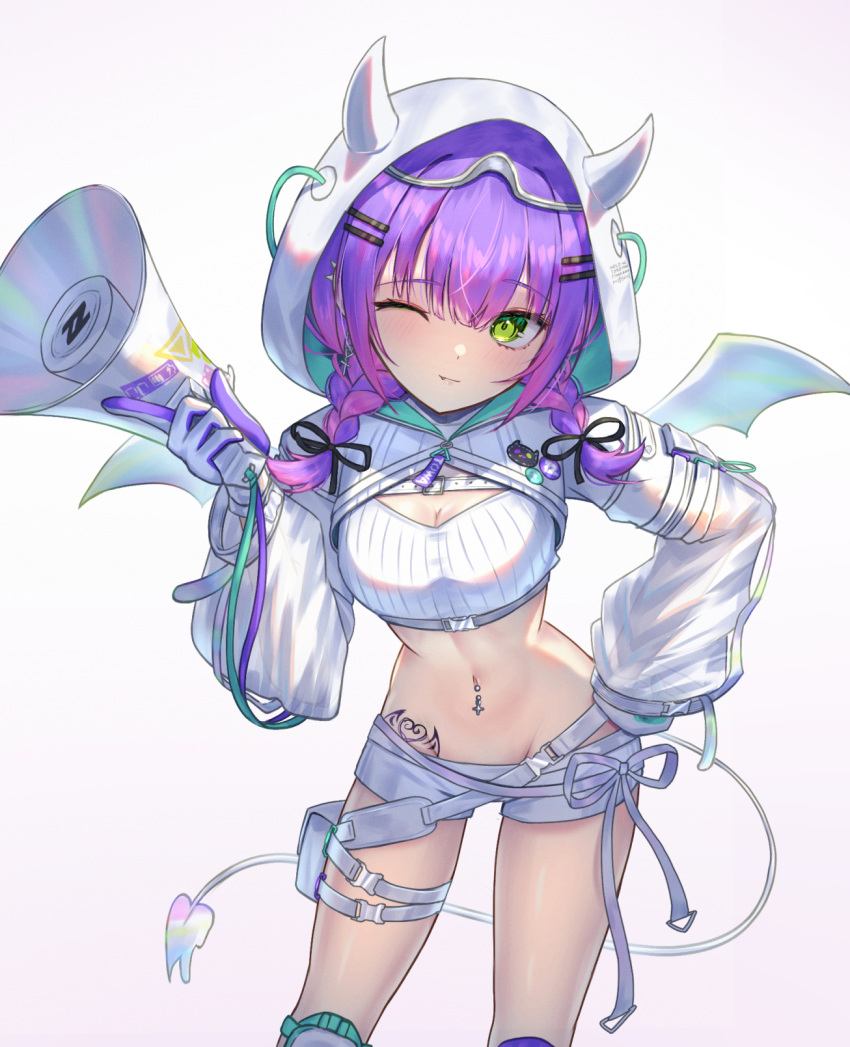 ;) ao_ne bad_id bad_pixiv_id bandeau belt black_ribbon braid breasts buckle cleavage commentary contrapposto crop_top demon_tail demon_wings fake_horns fang_out female gloves goggles goggles_on_head gradient_hair green_eyes hair_ornament hair_ribbon hairclip hand_on_own_hip highres hip_tattoo holding holding_megaphone hololive hood hood_up hooded_shrug horned_headwear horns index_finger_raised knee_pads long_hair long_sleeves looking_at_viewer medium_breasts megaphone melting_tail midriff multicolored_hair navel navel_piercing oerba_yun_fang official_alternate_costume one_eye_closed piercing pink_hair pouch purple_hair ribbed_bandeau ribbon see-through see-through_sleeves short_shorts shorts simple_background smile snap-fit_buckle solo spike_piercing stomach tail thigh_belt thigh_pouch thigh_strap tokoyami_towa tokoyami_towa_(5th_costume) twin_braids two-sided_gloves virtual_youtuber white_background white_bandeau white_belt white_gloves white_ribbon white_shorts white_shrug white_tail winged_heart_tattoo wings