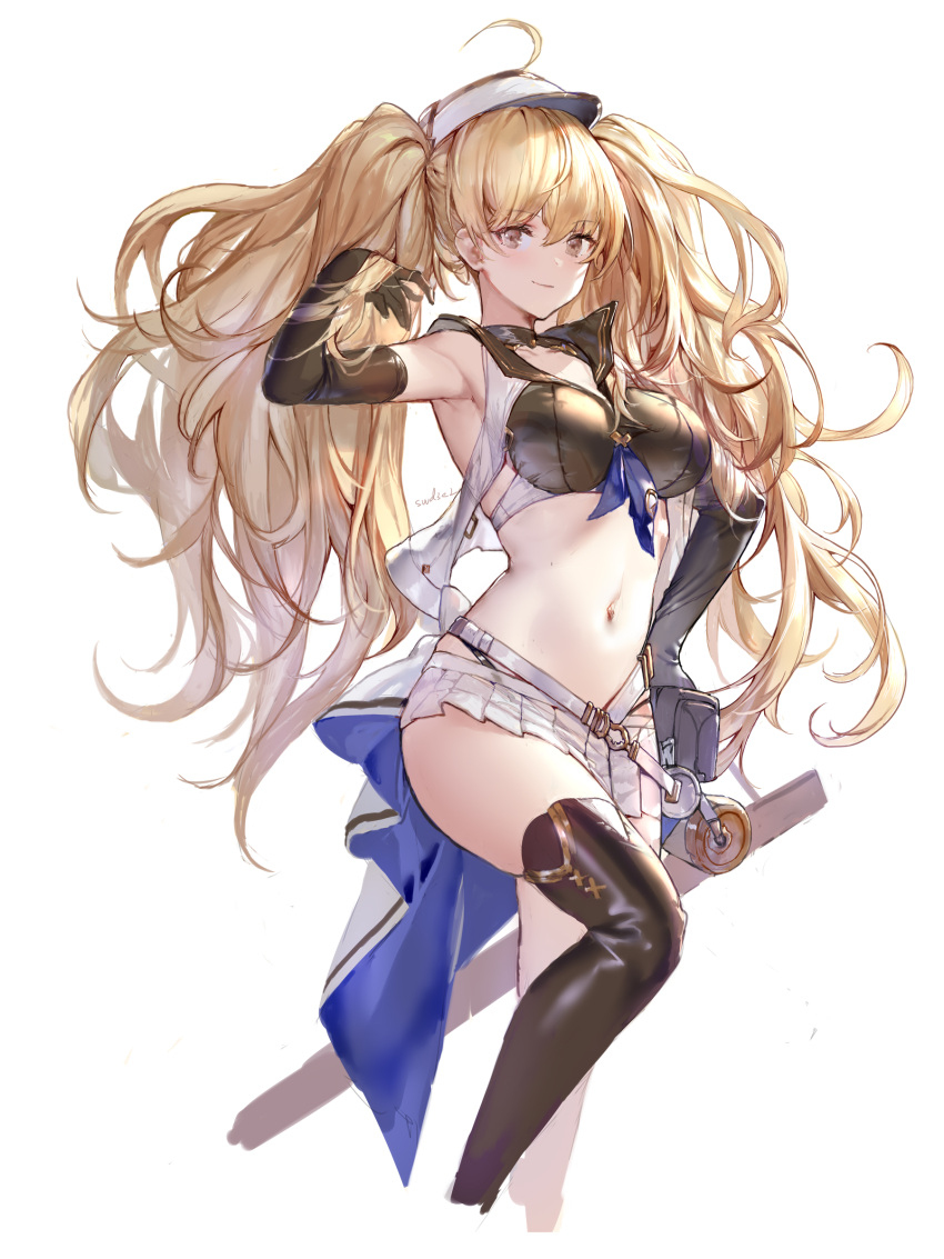 absurdres ahoge belt black_gloves black_thighhighs blonde_hair breasts choker commentary_request elbow_gloves female gloves granblue_fantasy hat highres large_breasts looking_at_viewer microskirt monika_weisswind monika_weisswind_(swimsuit)_(granblue_fantasy) official_alternate_costume sheath single_thighhigh skirt smile solo swd3e2 thighhighs thighs twintails visor_cap white_hat white_skirt yellow_eyes