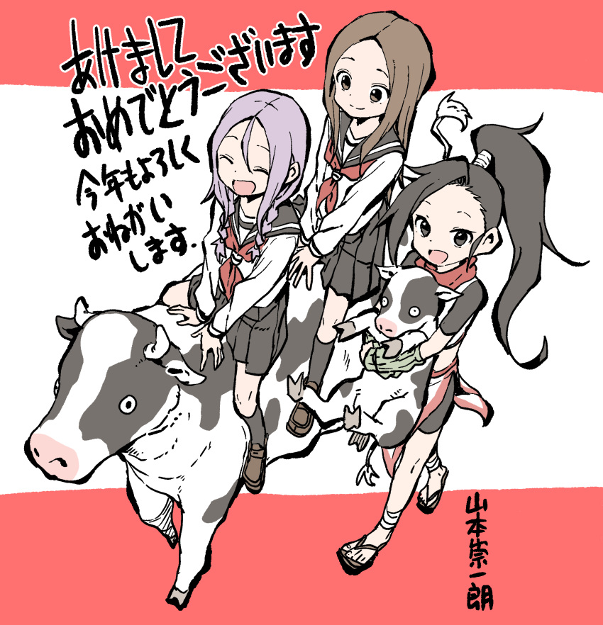 3girls :d ^_^ animal animal_hug artist_name black_eyes black_hair black_sailor_collar black_skirt black_socks bovine braid brown_eyes brown_footwear brown_hair chinese_zodiac closed_eyes closed_mouth creator_connection crossover forehead from_above full_body hair_between_eyes hair_over_shoulder happy_new_year highres holding holding_animal karakai_jouzu_no_takagi-san kneehighs kunoichi_tsubaki_no_mune_no_uchi loafers long_hair long_sleeves multiple_crossover multiple_girls neckerchief official_art open_mouth parted_bangs parted_hair pink_background pleated_skirt ponytail purple_hair red_background red_neckerchief riding riding_animal sailor_collar school_uniform serafuku shirt shoes short_sleeves sitting skirt smile socks soredemo_ayumu_wa_yosetekuru takagi-san translated tsubaki_(kunoichi_tsubaki_no_mune_no_uchi) twin_braids two-tone_background very_long_hair walking white_background white_shirt yamamoto_souichirou yaotome_urushi year_of_the_ox